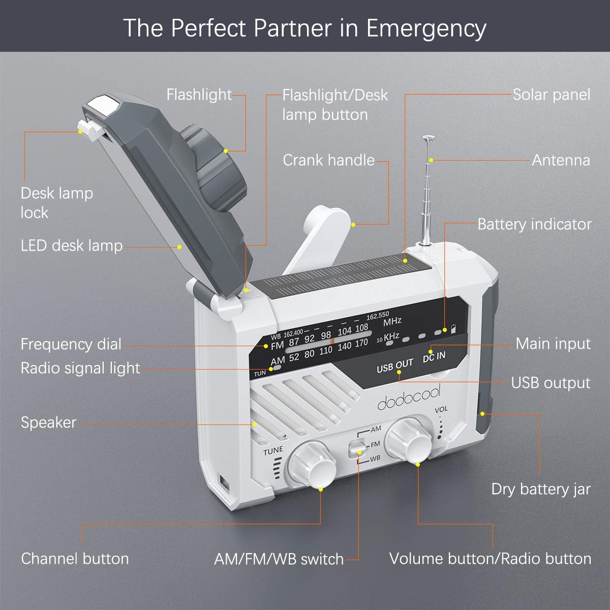 Emergency Radio, dodocool NOAA Weather Radio, Hurricane Supplies Hand Crank Battery Operated Solar Survival Radio with AM/FM, LED Flashlight, Reading Lamp, 2000mAh Cell Phone Charger, SOS Alert: Home Audio & Theater