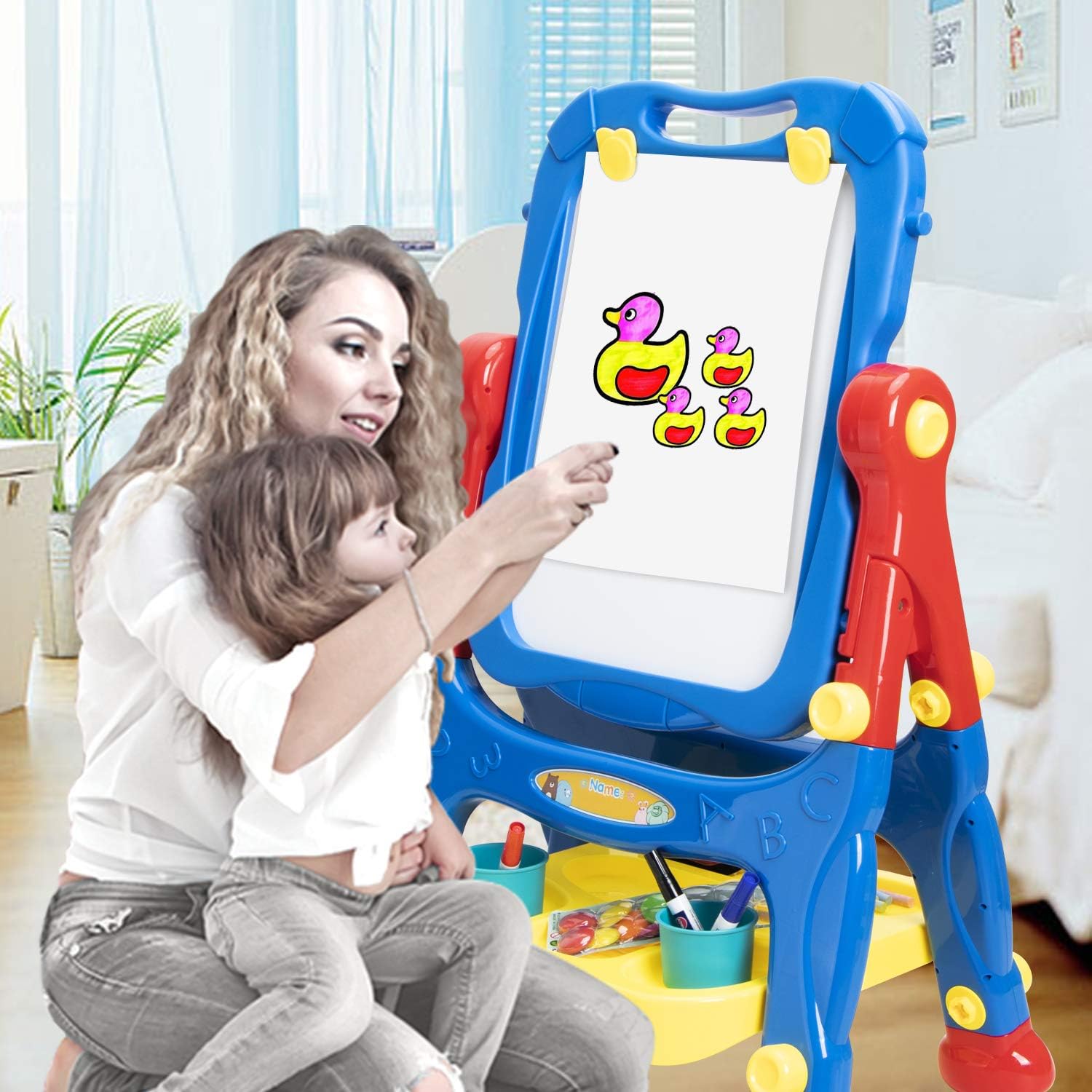 Easel for Kids Toddler Easel Dry Erase Board and Chalkboard Double Sides Height Adjustable Drawing Board with Extra Accessories for 3-5 Year Old Boys and Girls: Home & Kitchen