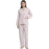 Amaxer Women's 100% Cotton Pajama Set For Women Long Sleeve Soft Button Pajamas Elastic Drawstring PJs
