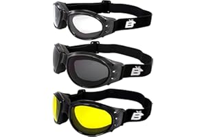 Birdz Eyewear Eagle Padded Motorcycle Goggles - 3 Pairs with Black Frames and Clear, Smoke, and Yellow Lenses for Day and Night Riding Comfort in All Weather Conditions