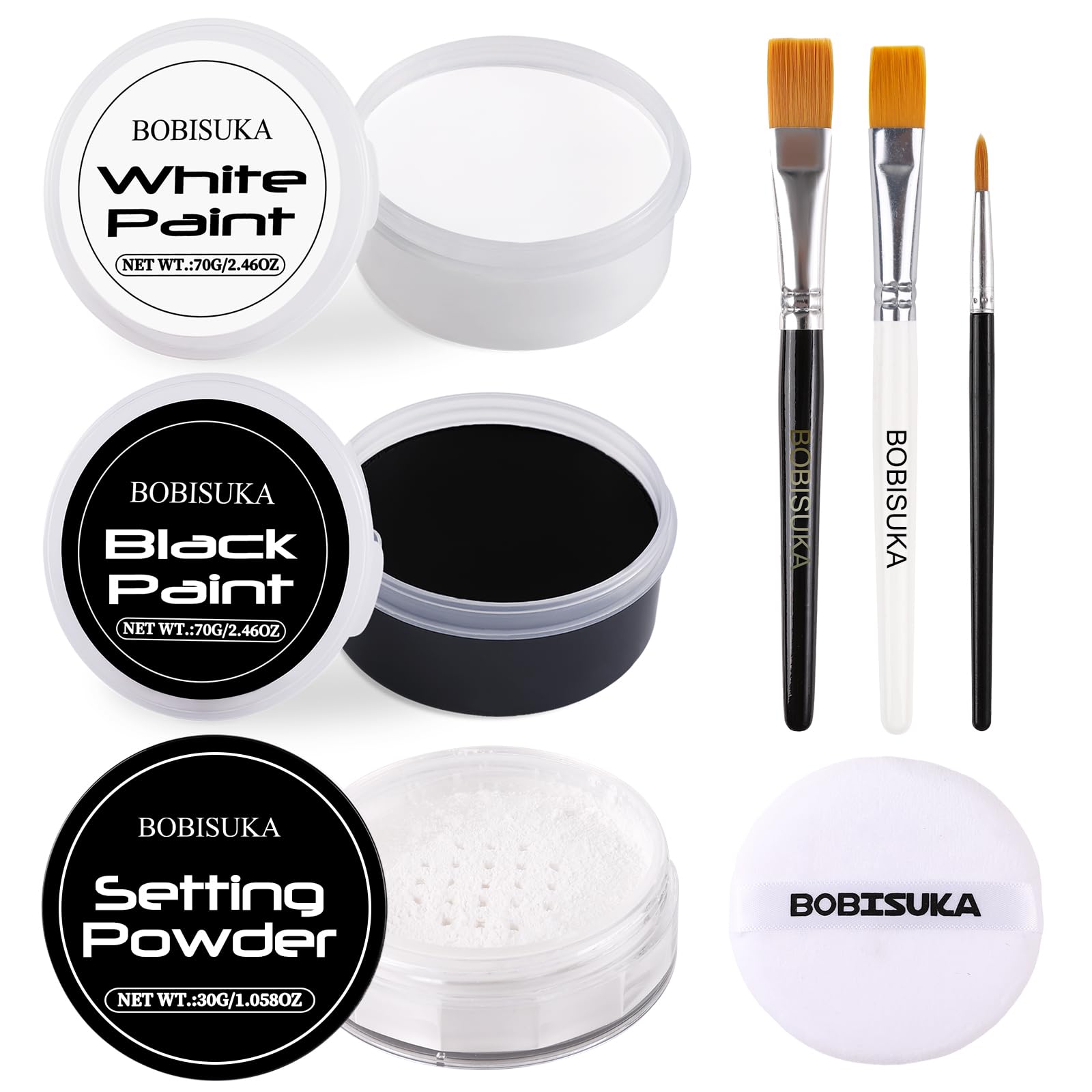 BOBISUKA Black & White Face Body Paint + Setting Powder + 3PCS Artist Brushes Face Painting Kit for Adult Large Capacity Professional Oil Based Cream Paints Palette For Halloween Clown Skeleton Vampir