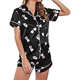 RUEWEY Womens Satin Pajamas Set Heart Print Button Down Shirt Shorts Set 2 Piece Silk Pjs Sleepwear