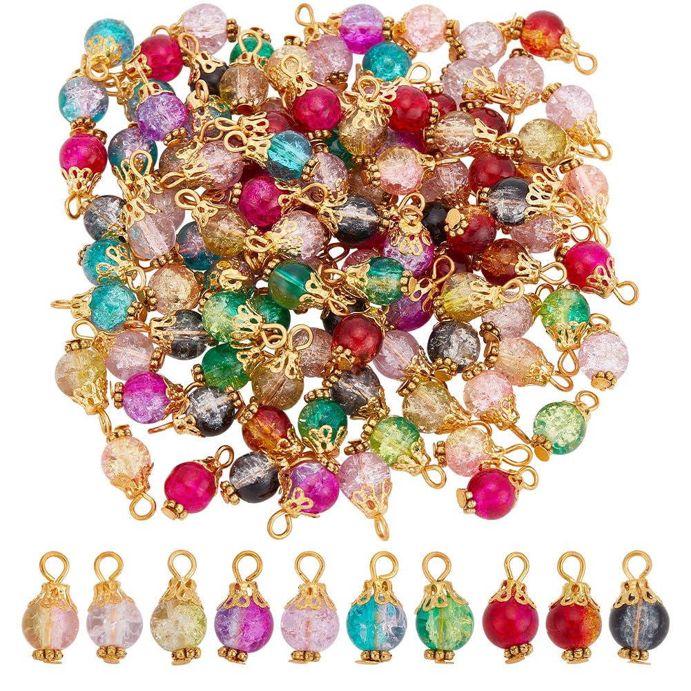 HOBBIESAY 120Pcs 8mm Crackle Glass Bead Charms Mini Dangle Beads Pendant Round Crystal Charms Colorful Gemstone Charms for for DIY Necklace Bracelet Earrings Jewelry Making