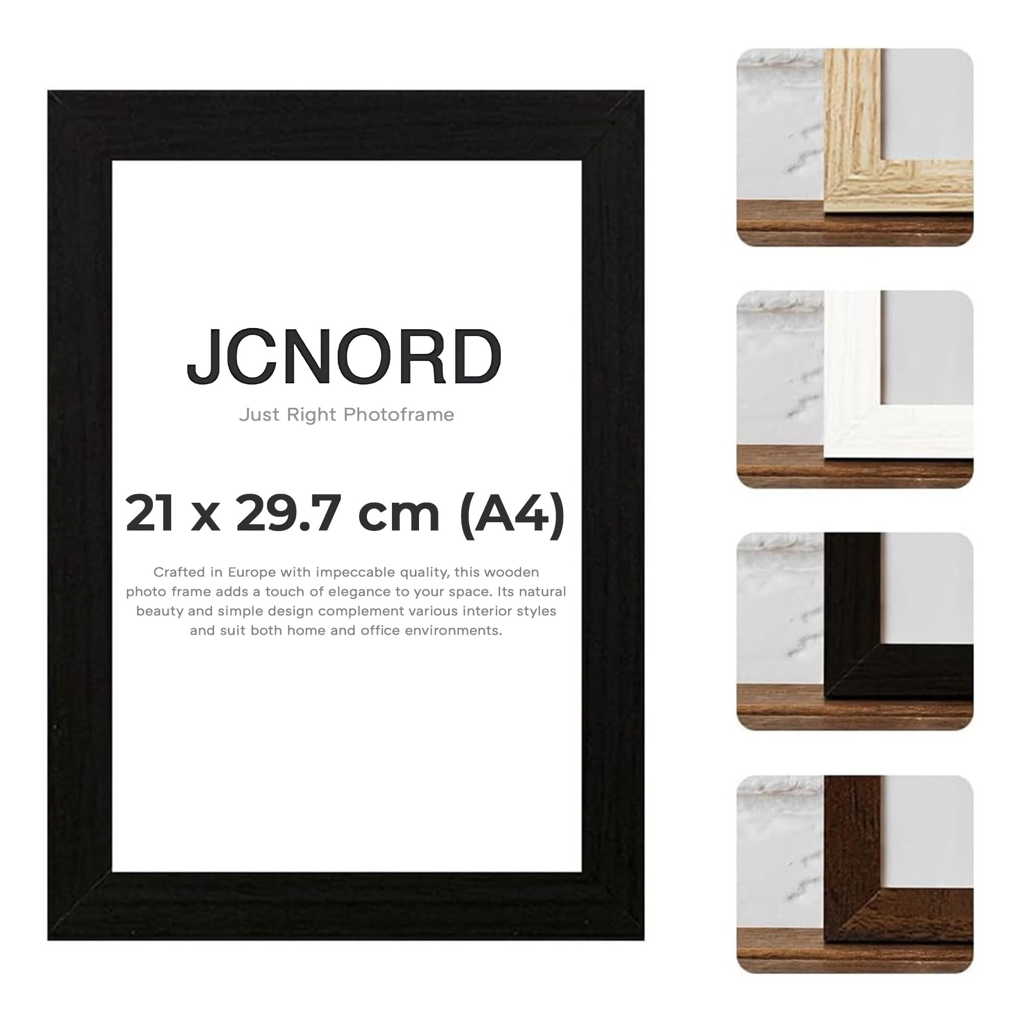 JCNORD Black MDF Wooden Picture Frame A4 (21x29.7 cm) with Shatterproof Acrylic Glass | Modern Photo Frame for Walls and Tables