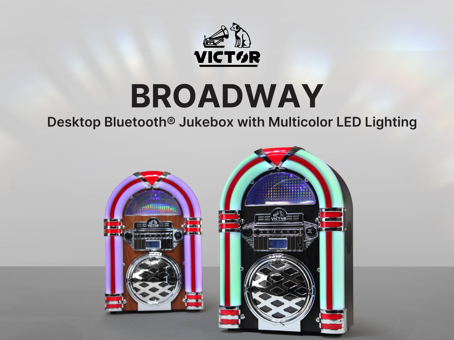 VICTOR VDTJ-1550 Broadway Desktop Bluetooth CD Jukebox Speaker with FM Radio, Multicolor LED Lighting, and Aux Input – Perfect for Retro-Style Music Streaming and Ambient Lighting