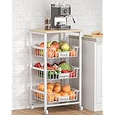 CHLORYARD Fruit Vegetable Basket for Kitchen Pantry Storage Organizer, 4-Tier Metal Utility Kitchen Rolling Cart on Wheels with Drawer Rack and Wood Top for Potatoes Onions