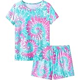 Topgal Summer Pajamas for Little/Big Girls – Swirl Tie Dye Butterfly Design Kids' Short Sleeves & Shorts PJS Size 6-18