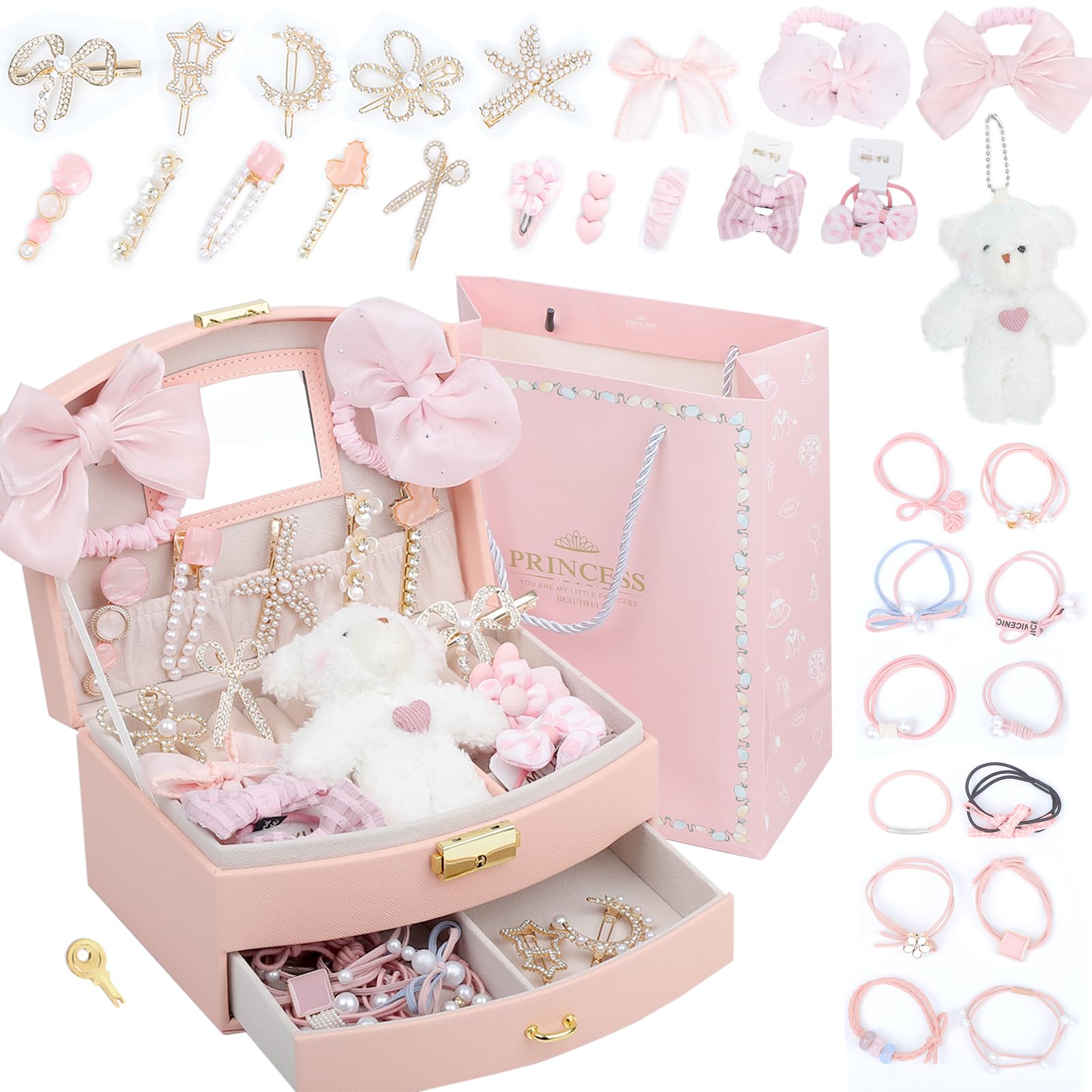 Sitengle Hair Accessory Set, Cute Storage Box, Girls Gift, Large Capacity, Princess Accessory Set, Hair Clip, Hair Elastic for Kindergarten Entrance Ceremonies, Graduation Ceremonies, Children's Day