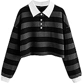 Remidoo Women's Striped Crop Top Sweatshirt Long Sleeve Collared Half Button Pullover Rainbow Shirt