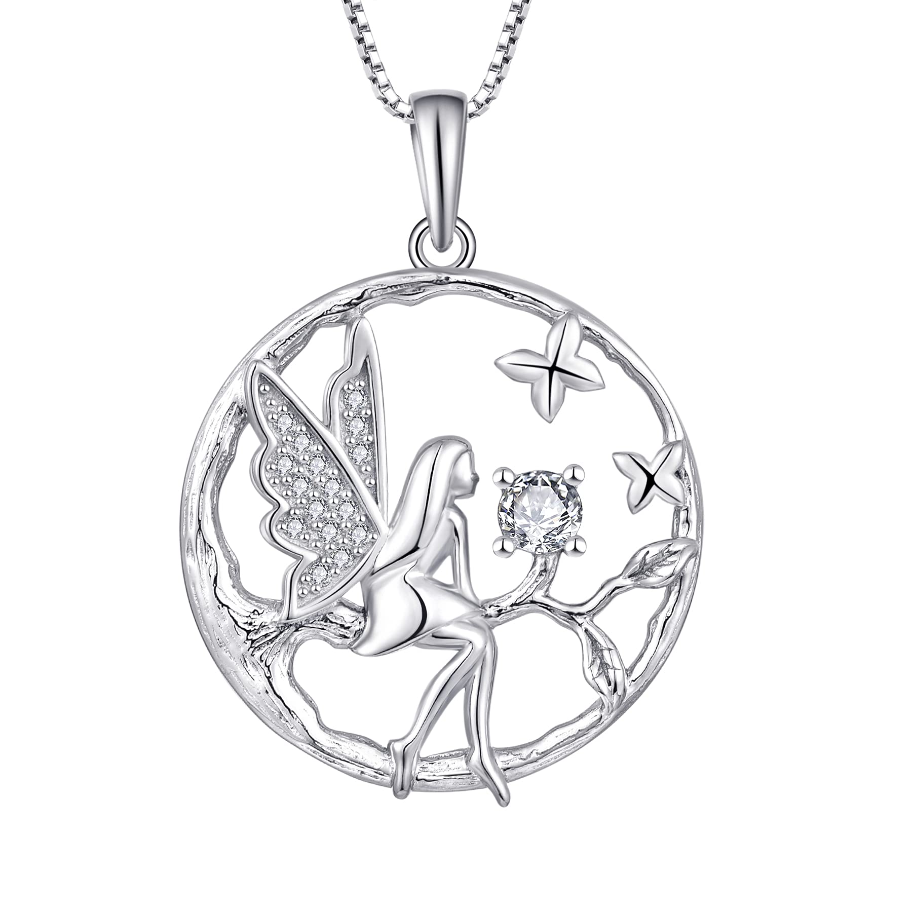 FJ Guardian Angel Necklace 925 Sterling Silver Tree of Life Pendant Fairy Necklace Cubic Zirconia April Birthstone Jewellery for Women