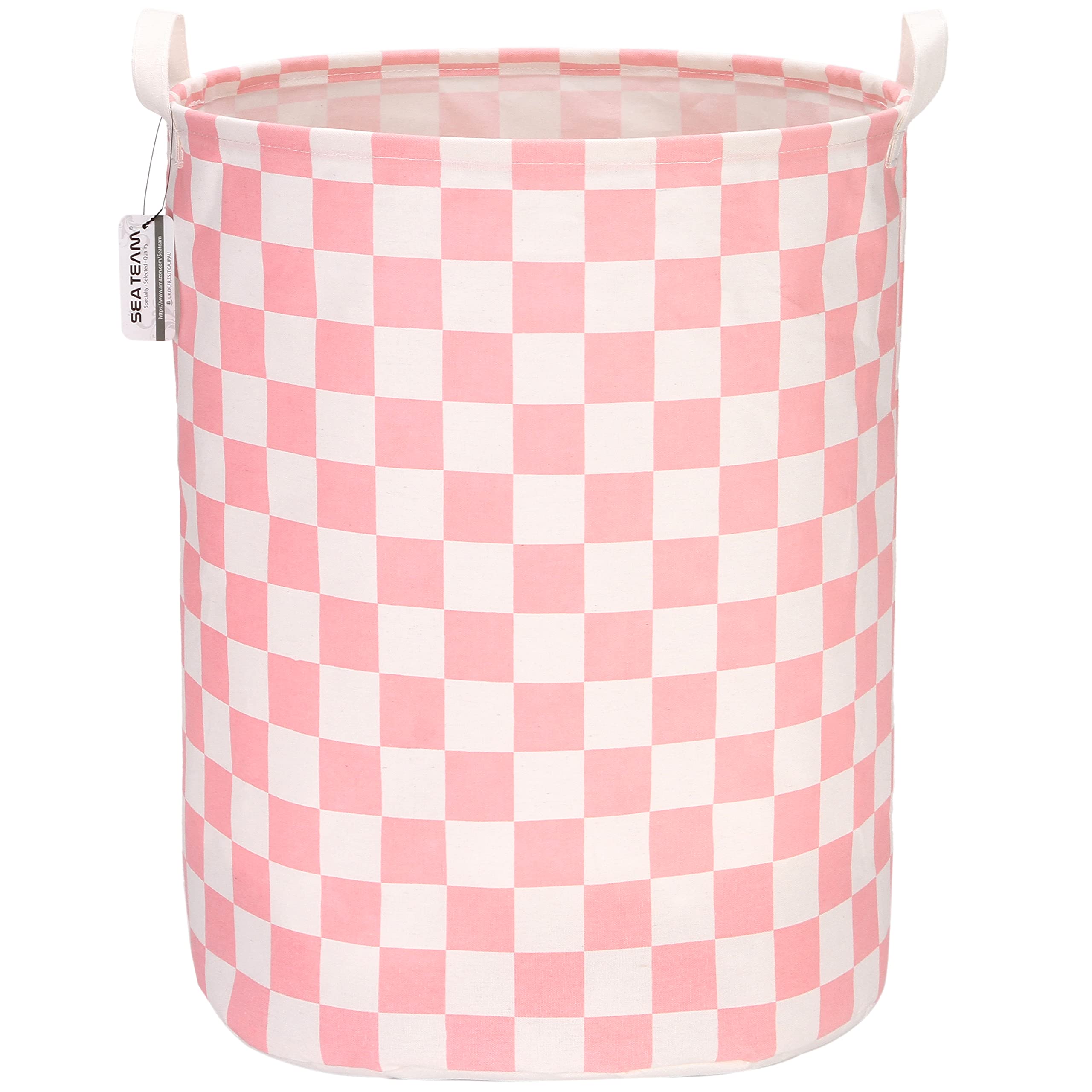 Sea Team 19.7 Inch Large Sized Waterproof Coating Ramie Cotton Fabric Folding Laundry Hamper Bucket Cylindric Burlap Canvas Storage Basket with Stylish Grid Pink Design — image 1