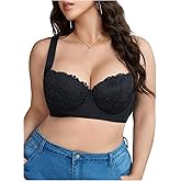 OYOANGLE Women's Plus Size Floral Lace Underwire Bra Push Up Bralette Button Back Lingerie Top
