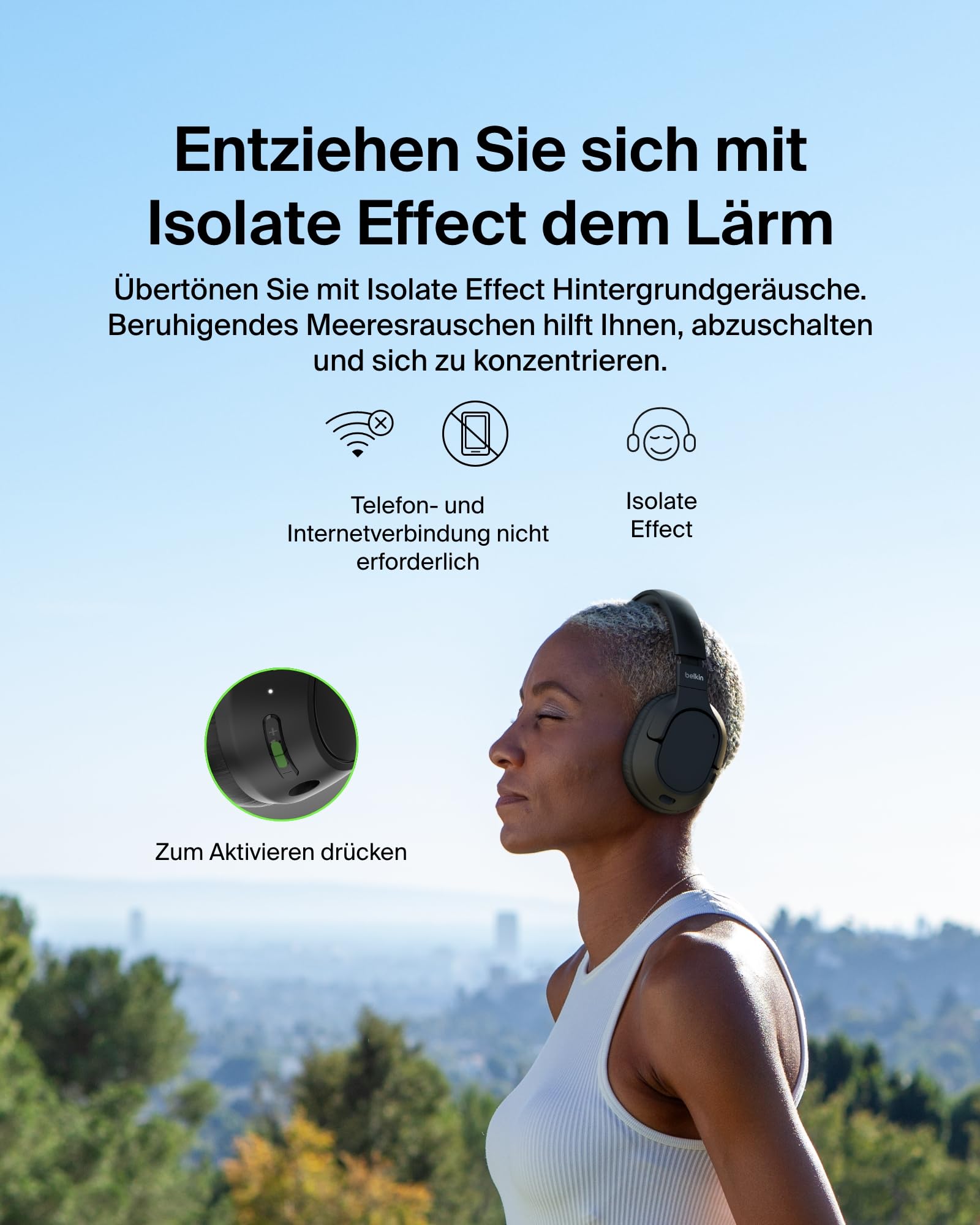 Belkin SoundForm Isolate Noise Cancelling Kopfhörer kabellos Bluetooth Kopfhörer, Headset mit Mikrofon, Over-Ear-Kopfhörer mit 60 Stunden Wiedergabe, tiefer Bass, CloudCushion Hörmuscheln – Schwarz 4