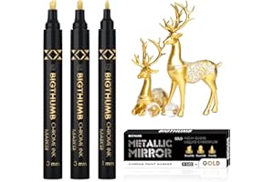 BIGTHUMB 3Pcs Liquid Chrome Paint Markers, Gloss Mirror Marker, Oil-based Permanent Chrome Maker, Reflective Metallic Pen Markers for Repairing, Model Painting DIY Art Projects, Gold