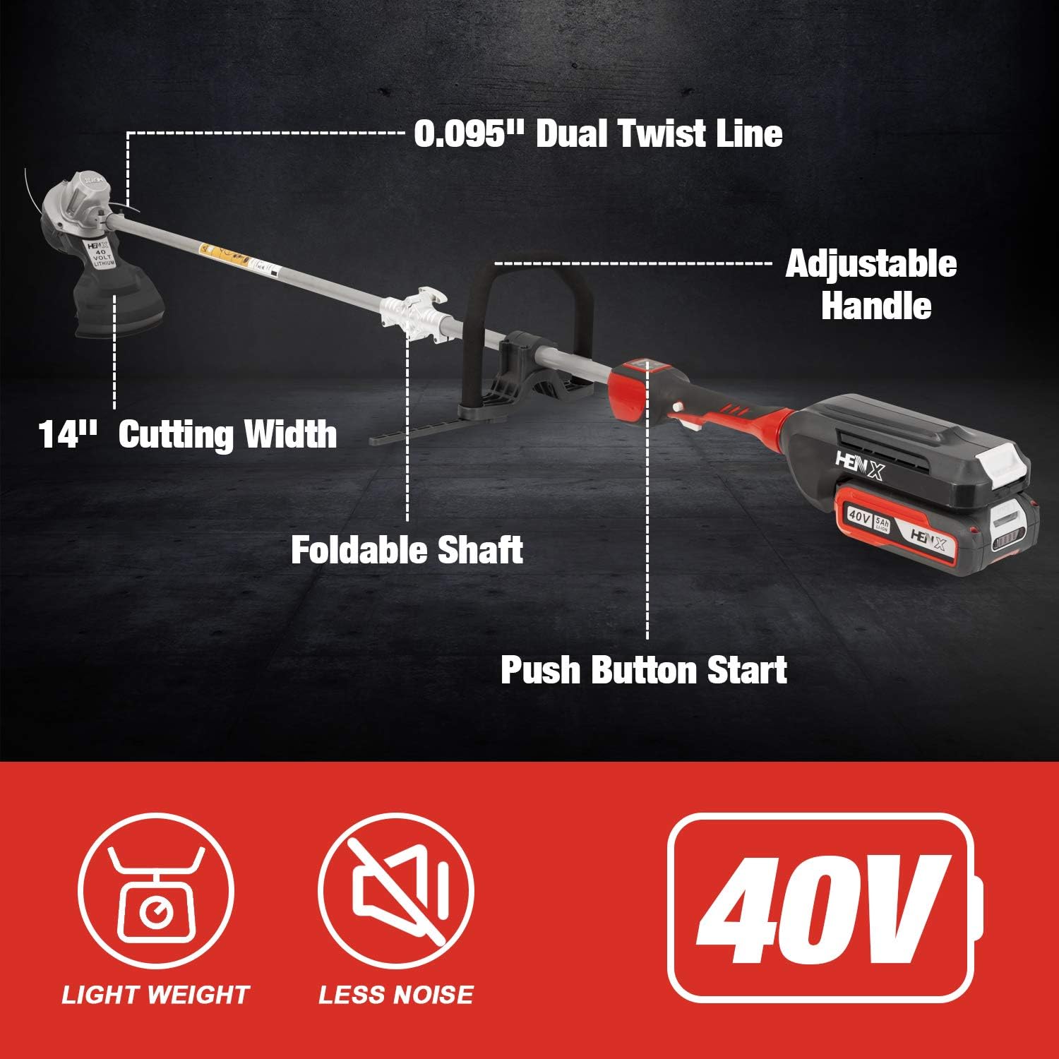 HENX 14-Inch Cordless String Trimmer 40V Max Lithium-ion, with 2.5 AH Battery, Foldable Shaft, Bump Feed (Foldable Shaft) : Garden & Outdoor