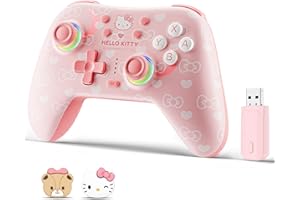 Kuitmor Pink Switch Controller,Hello Kitty Hall Effect Controllers Wireless for Switch 2/1/OLED/Lite,PC,Android,iOS | 2.4G Receiver + Bluetooth,1000mAh Battery,6-Axis Gyro,Dual Vibration,RGB Breathing Light