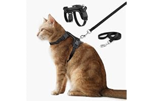 Plutus Pet Adjustable Cat Harness and Leash Set, Quick Release, Escape Proof Nylon Vest with Leather Trim for Kitten, Small Medium Large Cats, Black