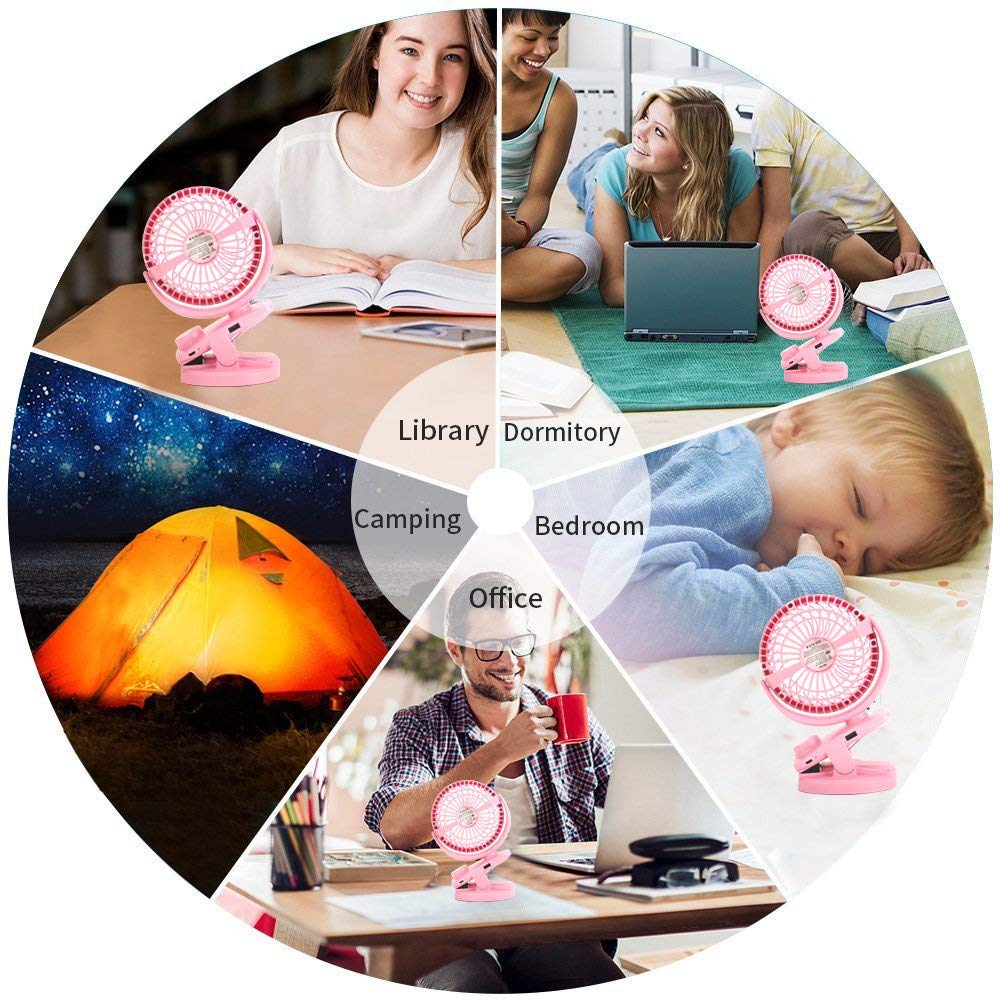 AUSEIN Ventilateur à Pince,Mini Ventilateur de Bureau avec Batterie Rechargeable, Ventilateur USB Silencieux à Rotation sur 360 ° pour la Maison, Les Voyages et Le Bureau (Rose)