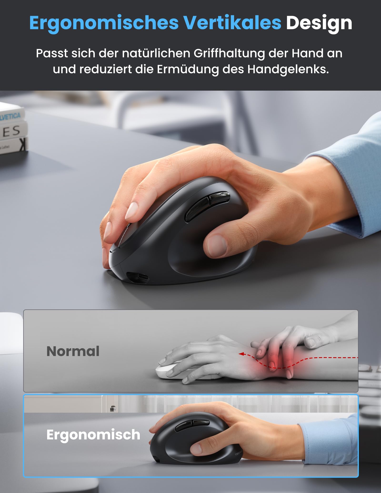 TECKNET Ergonomische Maus Bluetooth, Wiederaufladbar Maus Kabellos mit 3 Gerät (BT 5.0/3.0 + 2.4G), 6 Tasten, 4800 DPI Leise Vertikale Funkmaus für Laptop, Computer, iPad, Mac, Windows 3