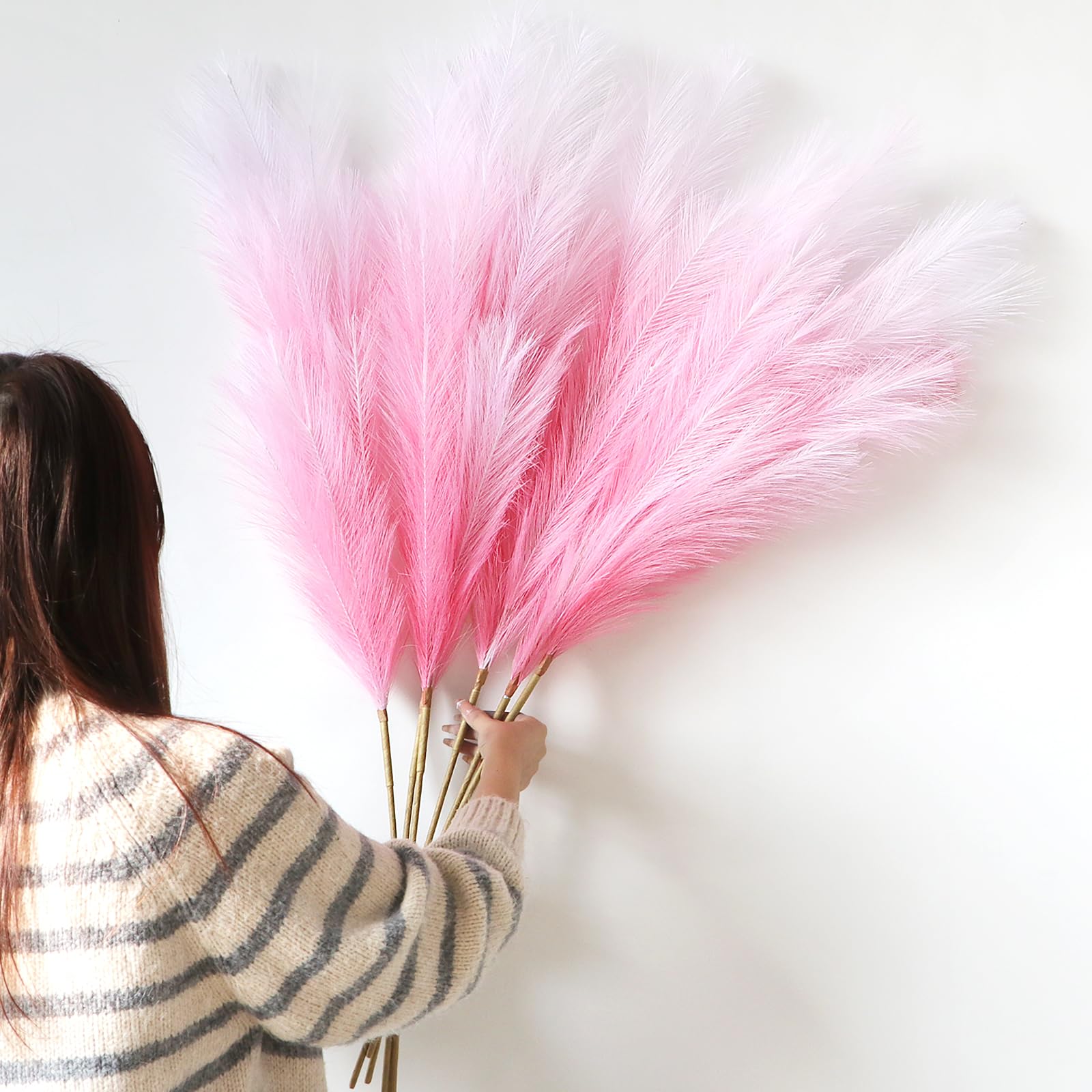 YiYa Artificial Pampas Grass Decoration 6 Pcs 113CM Large Pampas Grass Stems Gradient Bright Red Fluffy Artificial Pampas Grass for Floor Vases Tall Plant Flowers Boho Home Decor Office Decor — image 1