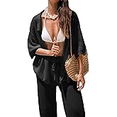 CUPSHE Women's Crochet Cover Up Set Button Down Hollow Out Top Long Net Pant 2 Piece Beachwear