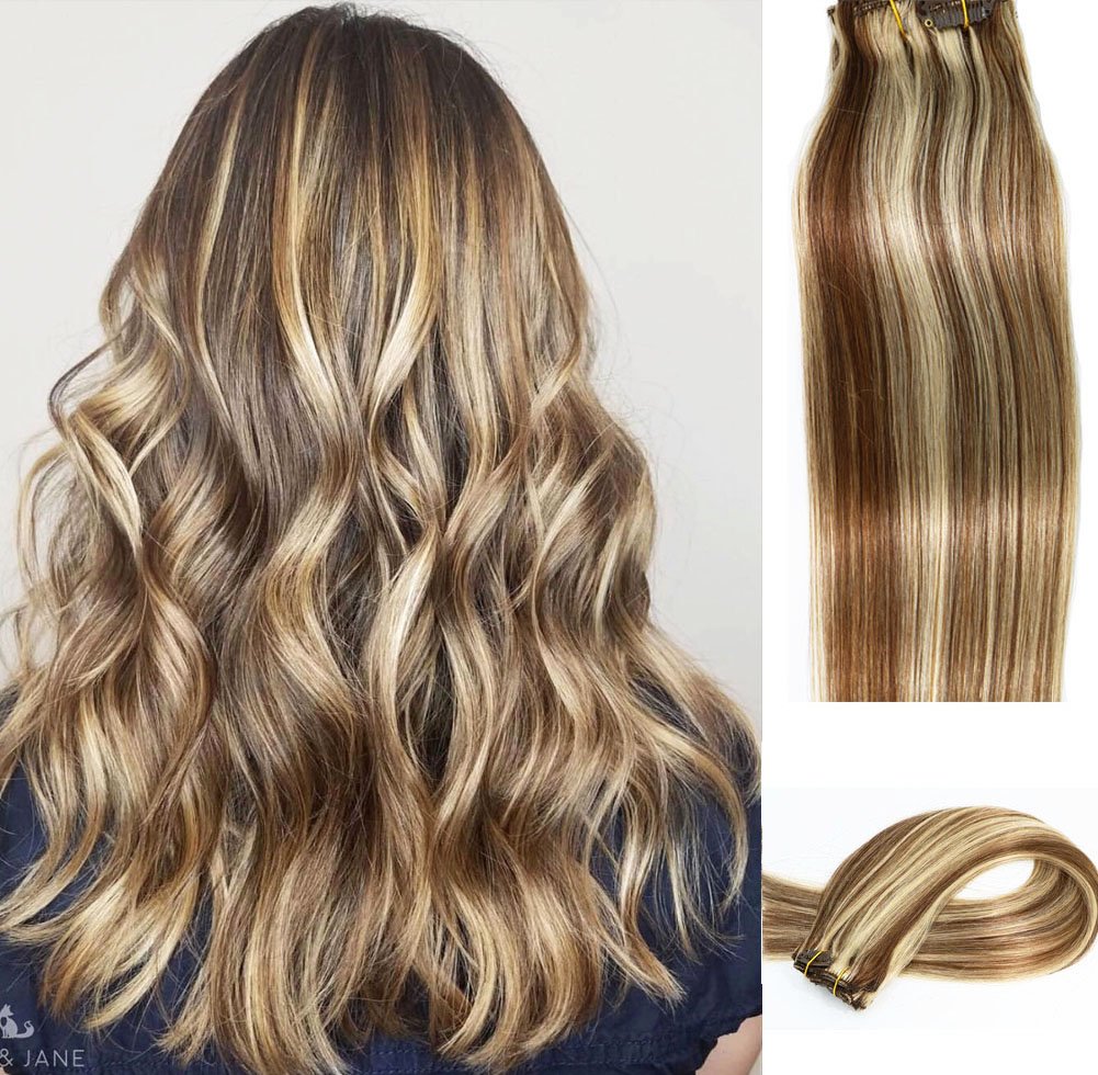 Amazon Com Huayi Clip In Human Hair Extensions Light Brown With