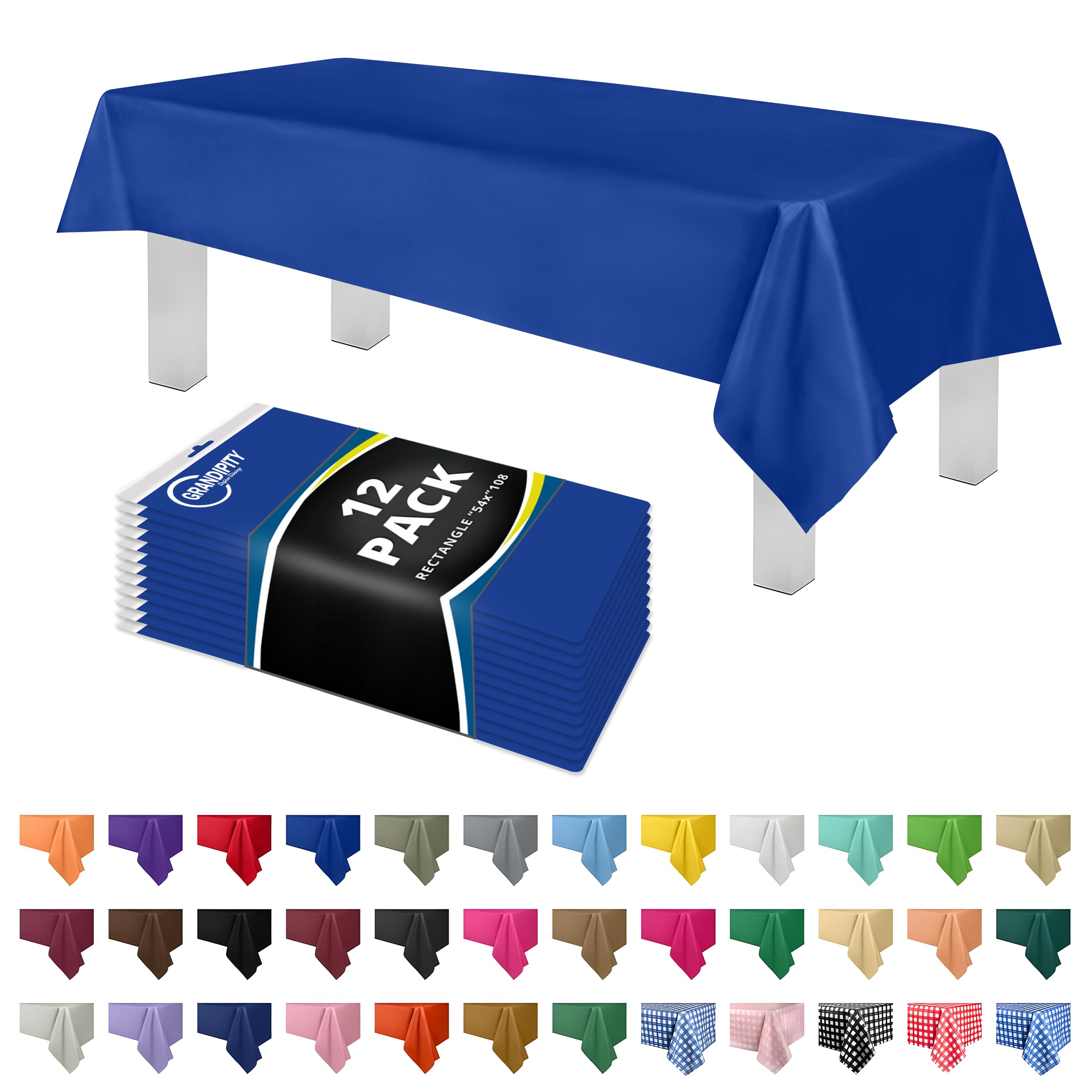 Grandipity Blue 12 Pack Premium Plastic Tablecloth 54 Inch. x 108 Inch. Rectangle Table Cover By Dluxware