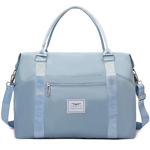 FIORETTO Women's Sports Gym Tote Duffle with Wet Pocket, Travel Weekend Overnight Bag with Removable Strap, Water-Resistant Carry On Hospital Holdall Sky Blue