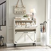 Barnyatoh Shoe Storage Cabinet with 2 Flip Drawers, Farmhouse Hidden Shoe Organizer, Narrow Slim Shoe Rack Cabinet for Entryway Hallway,Antique White