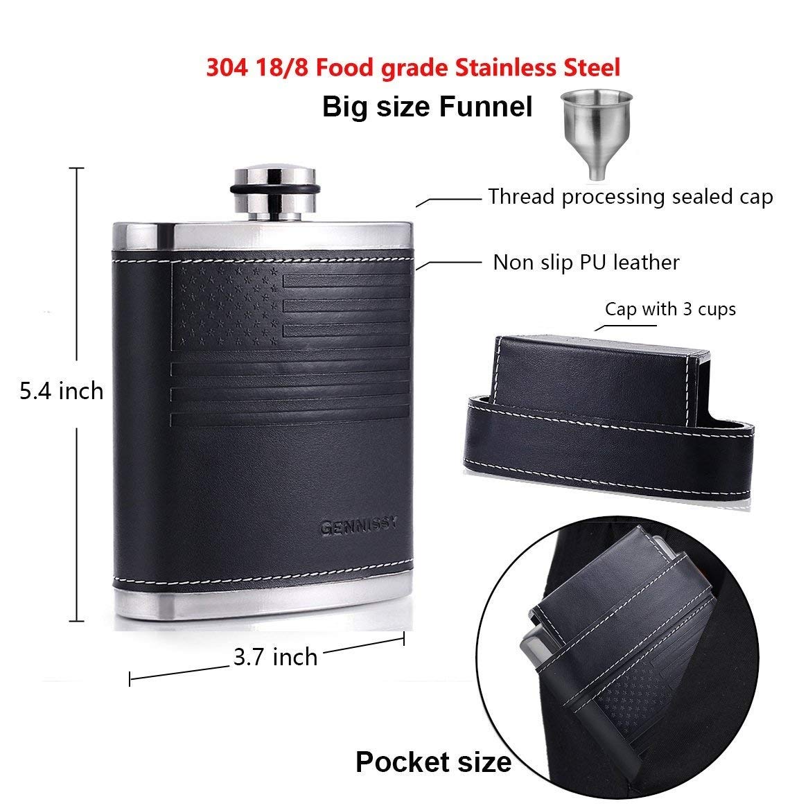 正規販売店 フラスコスキットル Gennissy B07ftjtrgt Stainless And Us Us Funnel 100 3 Flask Americal Steel Flag Black With 240ml Leak Cups Black Leather Flag Flag Black 18 8 Proof 国内外の人気 Belmarkbh Com