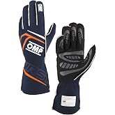 OMP Racing Driving Gloves, First, FIA Approved, Single Layer, Fire Retardant Fabric, Navy Blue/Fluorescent Orange, Large, Pair
