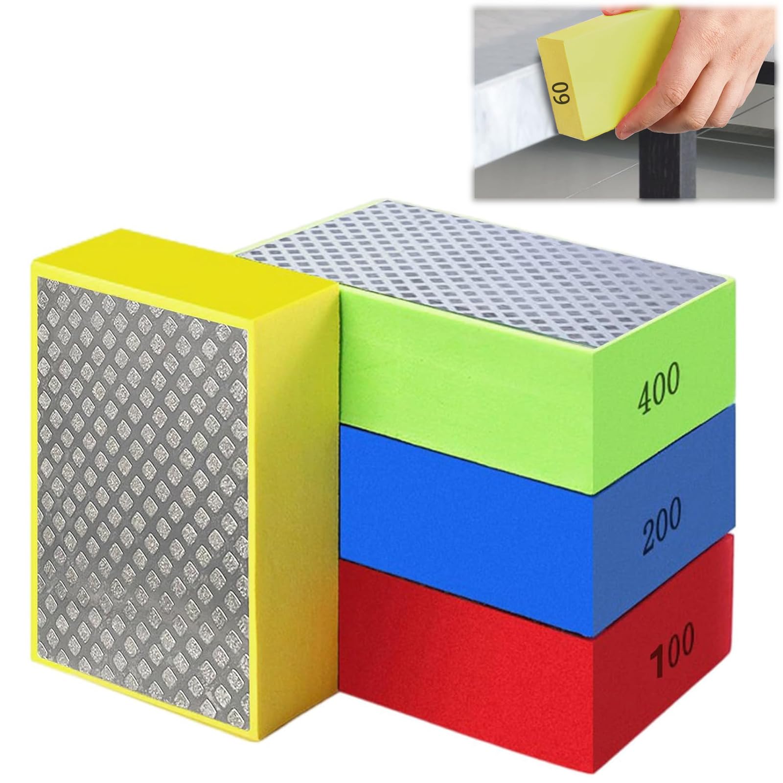 Xiciki 4Pcs Diamond Polishing Pads, Hand Sanding Block 60# 100# 200# 400#, Tiling Tools,Polishing Kit for Tile,Glass,Ceramic,Stone,Marble,Granite,Concrete Polishing and Sanding