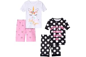 Vopawetty Girls 4-Piece Summer Pajamas Cotton Short Pjs Set Kids Sleepwear
