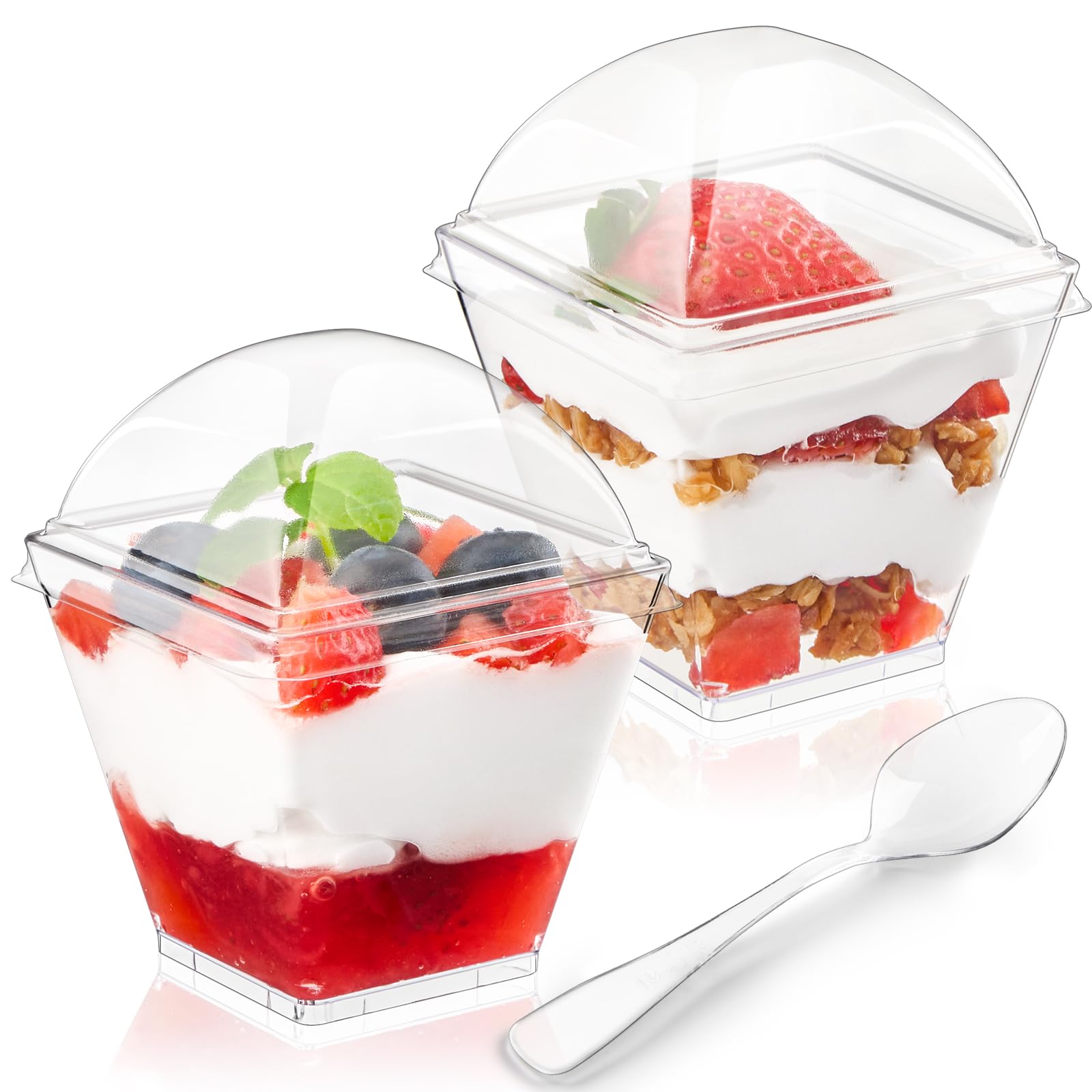 Photo 1 of 50 Pack 3.5 oz Mini Dessert Cups with Dome Lids and Spoons, Square Appetizer Cup Clear Plastic Shooter Cups for Serving Parfait, Pudding, Fruit, Jello