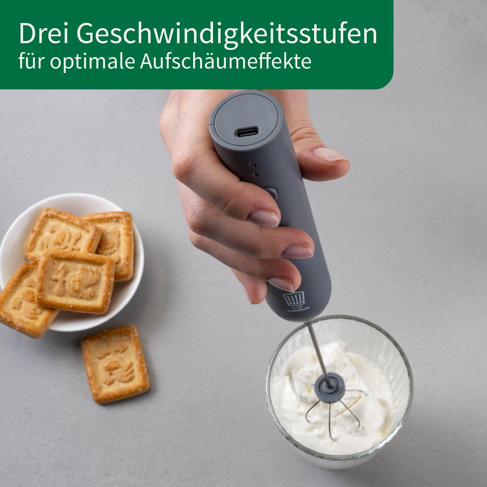 Chefkoch trifft Fackelmann Elektrischer Milchaufschäumer – inkl. 2 Schneebesen, USB-C wiederaufladbar, 3 Geschwindigkeiten, Dunkelgrau 4