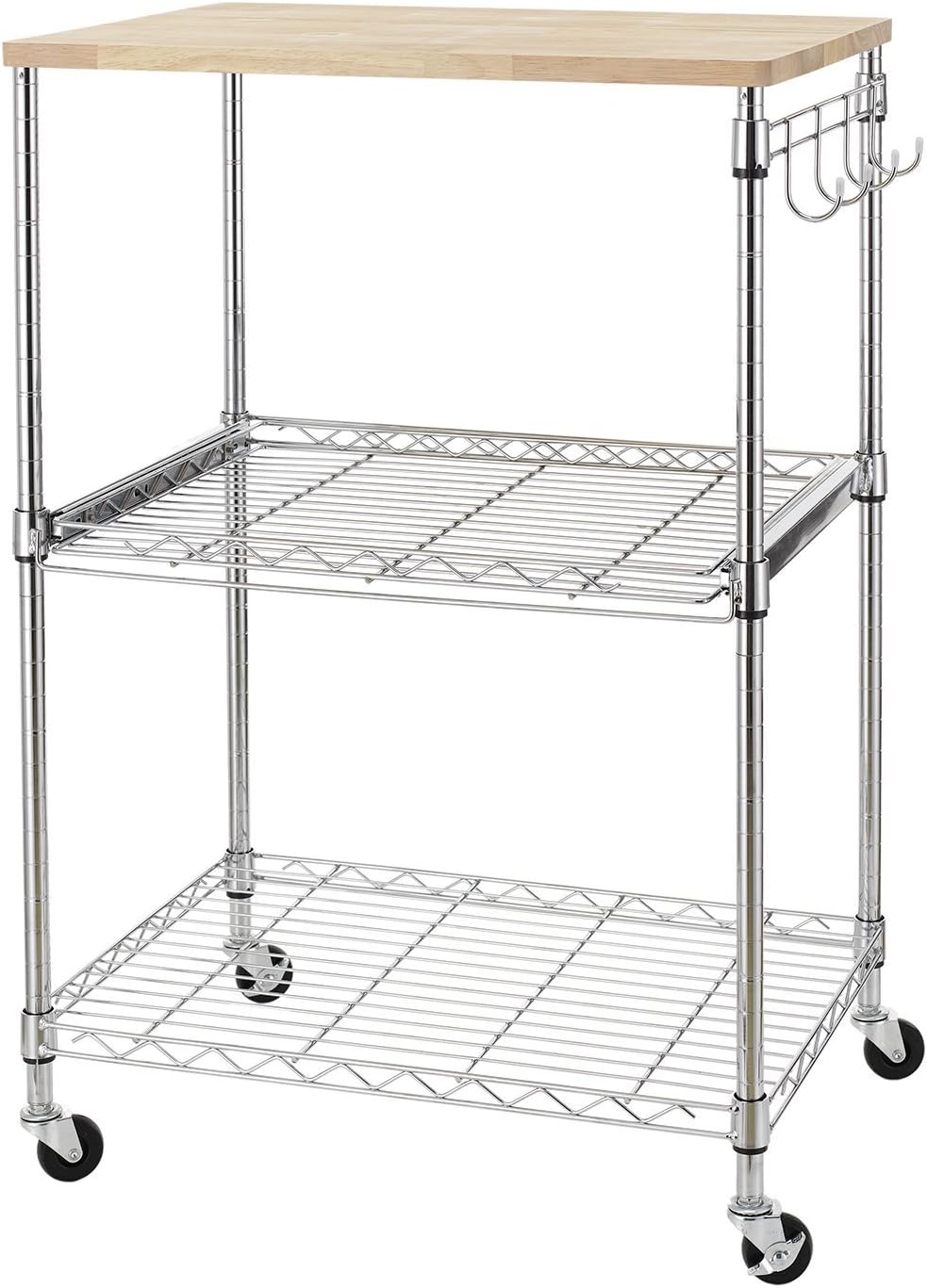 Finnhomy 3-Tier Wire Rolling Kitchen Cart, Food Service Cart, Microwave Stand, Oak Cutting Board and Chrome - Kitchen Islands & Carts