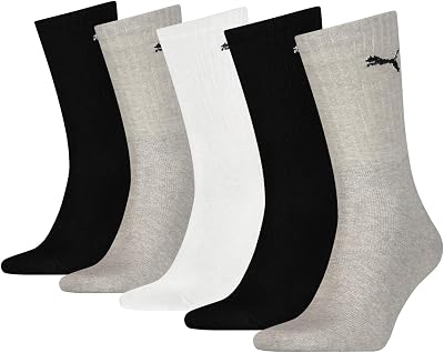 PUMA Unisex Crew Socks 5 Pack White Grey Black UK 6-8