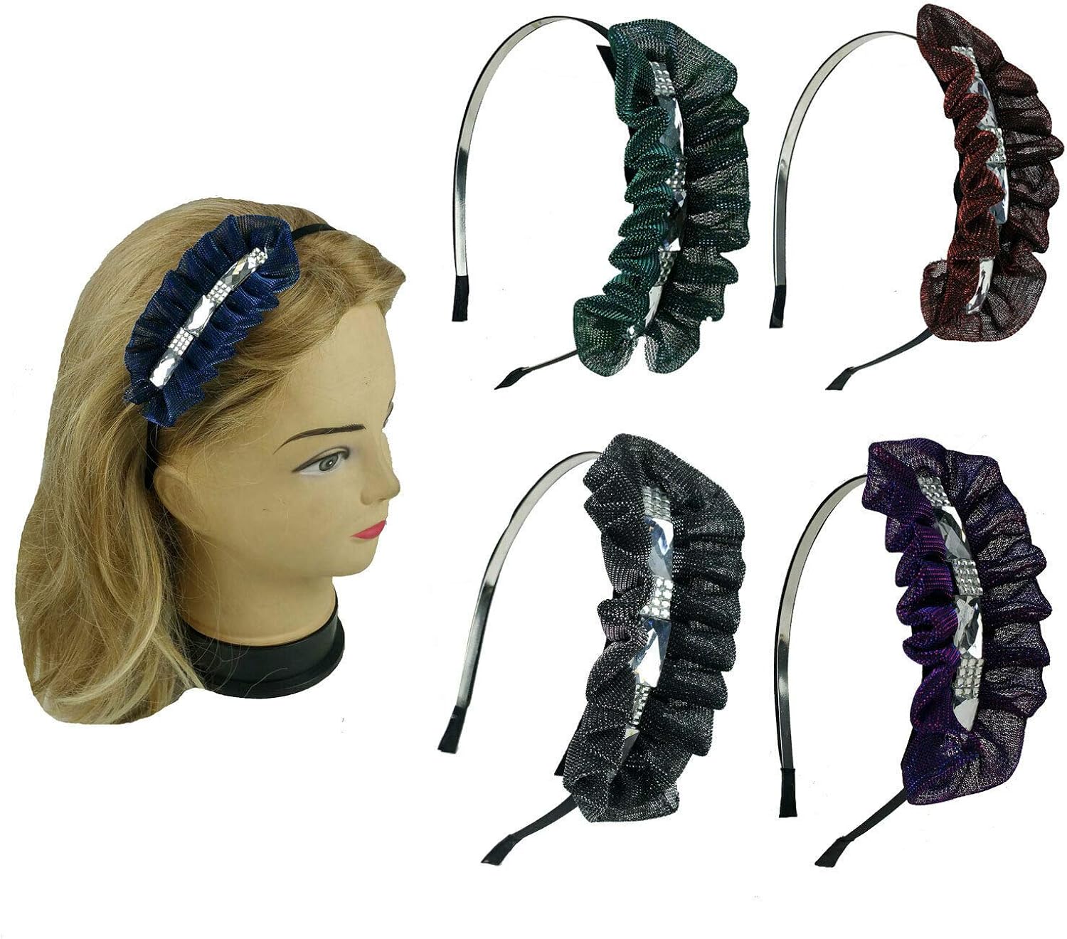 NEW Metal Headbands with Metallic Color Mesh Fabric & Crystal Beads