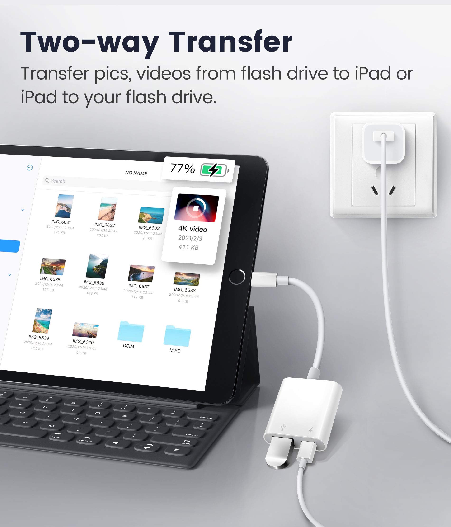 USB Adapter for iPhone/iPad, L?ghtn?ng to USB Female OTG Adpater,USB3 to iPad Adapter with Charging Port,Supports FlashDrives,MIDI,SD Card Reader and Mouse,Plug&Play