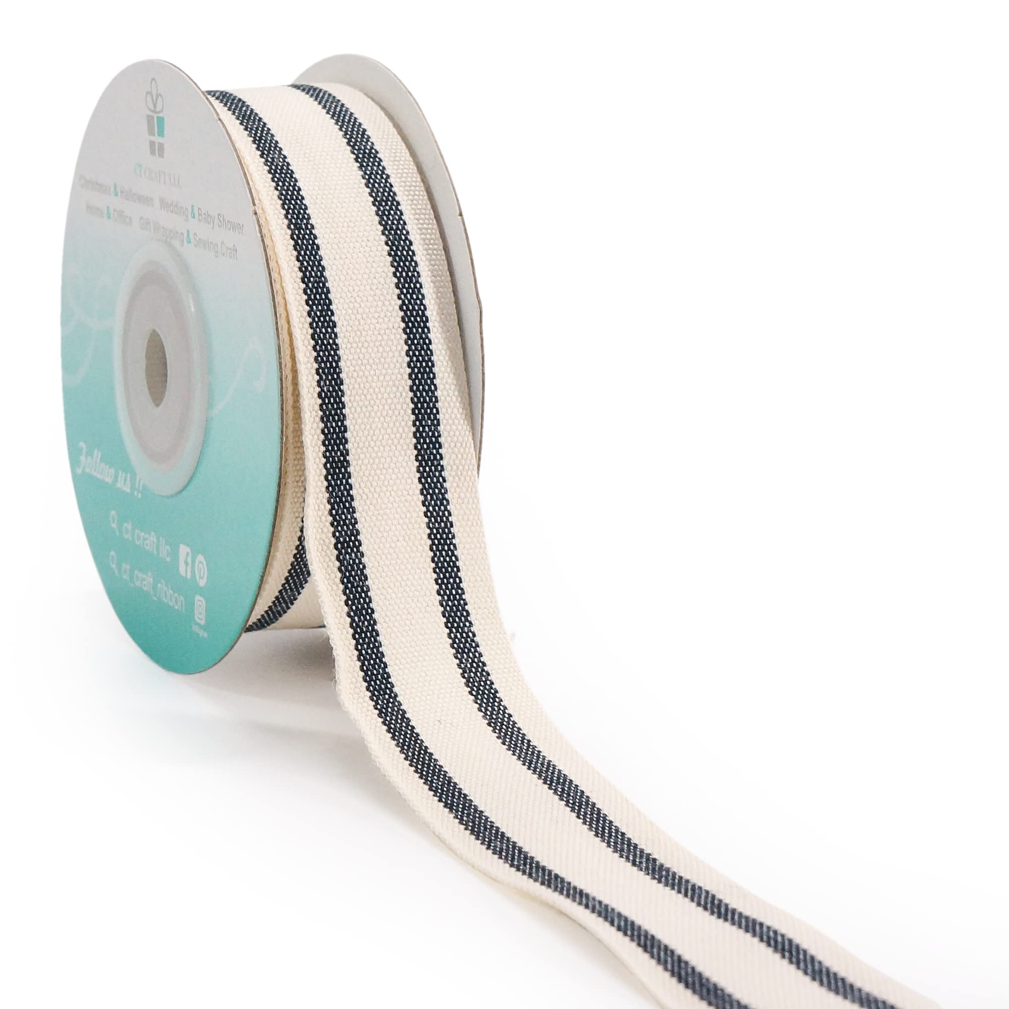 CT CRAFT LLC Ivory Cotton Black Stripes Ribbon 1" x 10 Yards for Home Décor Gift Present Wrapping DIY Crafts Birthday Wedding Bouquet Christmas