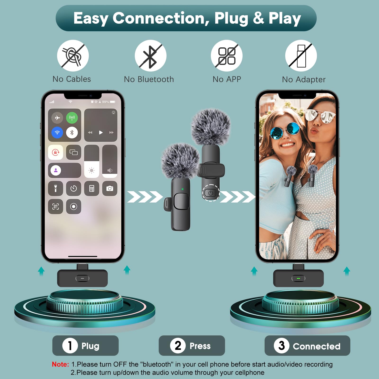 MAYBESTA Wireless Mini Microphone for iPhone, Android Phone - Bluetooth Lavalier Lapel Mic for Audio Video Recording - Clip on Content Creator Microphones for YouTube Tiktok Podcast Vlogging