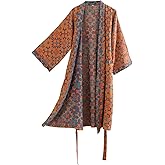 Purefair 100% Cotton Gauze Ginkgo Leaf Kimono Robe, Long Knit Loose Bathrobe Nightgown Ladies Loungewear Sleepwear for Women