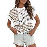 Fisoew Womens Short Sleeve Cropped Crochet Sweater Hollow Out Tops Summer Striped Crewneck Casual Knit Loose Beach Cover Ups