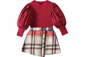 DONWEN Toddler Girl Clothes Skirt Outfits Set Puff Sleeve Tops + Plaid Pleated Mini Skirts 2Pcs Fall Winter Clothes