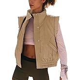 Ainangua Women Cropped Puffer Vest Button Sleeveless Light Jacket Scrunch Stand Collar Essentials Gilet with Pockets