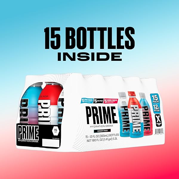 PRIME HYDRATION VARIETY – BLUE FREEZE, CHERRY FREEZE, ICE POP SPORTS DRINKS, ELECTROLYTE ENHANCED FOR ULTIMATE HYDRATION, 250MG BCAAS, B VITAMINS, ANTIOXIDANTS, LOW SUGAR, 12 FL OZ, 15 PACK