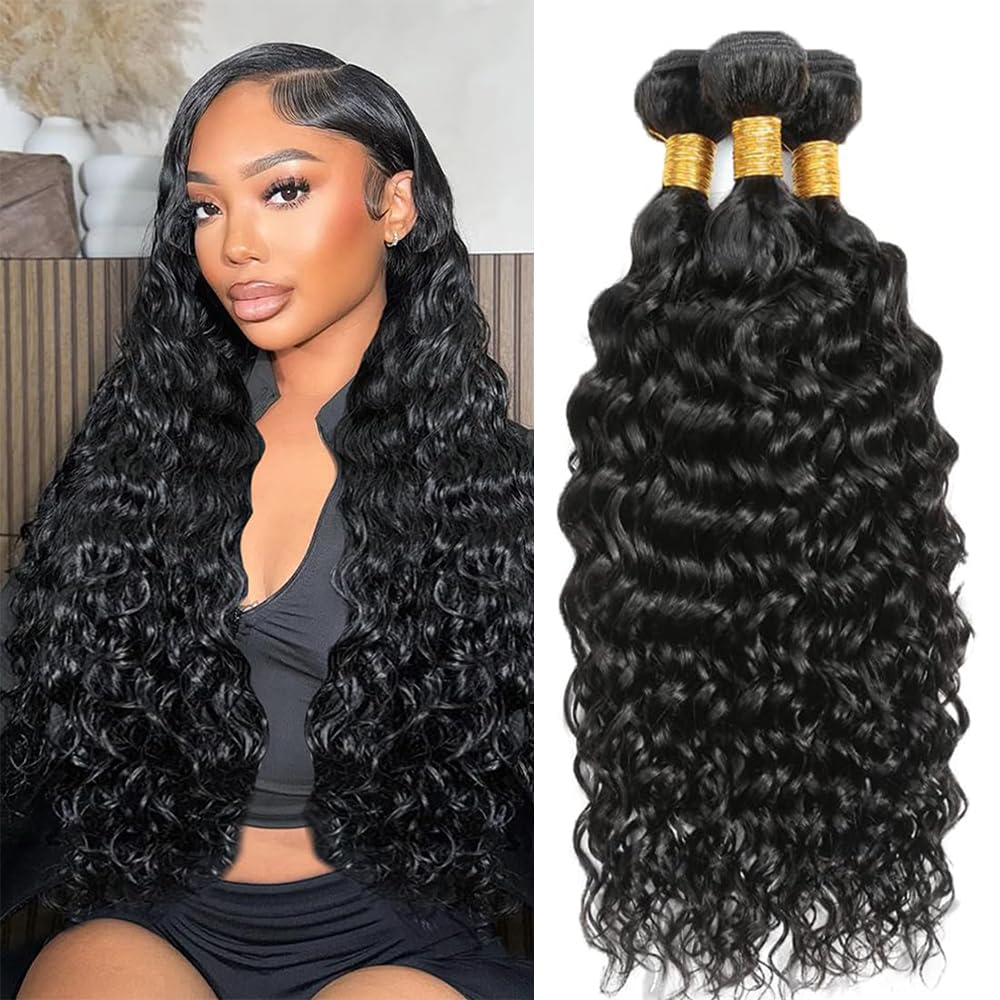 Datanala Water Wave Human Hair 3 Bundles 18 20 22 inch Brazilian Virgin 12A 100% Unprocessed Long Inch Wet and Wavy Human Hair Bundles Double Weft Human Hair Weave Natural Black Color for Black Women — image 1