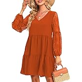 LATH.PIN Women’s 2023 Summer Dresses V Neck Lace Lantern Long Sleeves Tunic Dress Cute Shift Babydoll Dress with Pocket