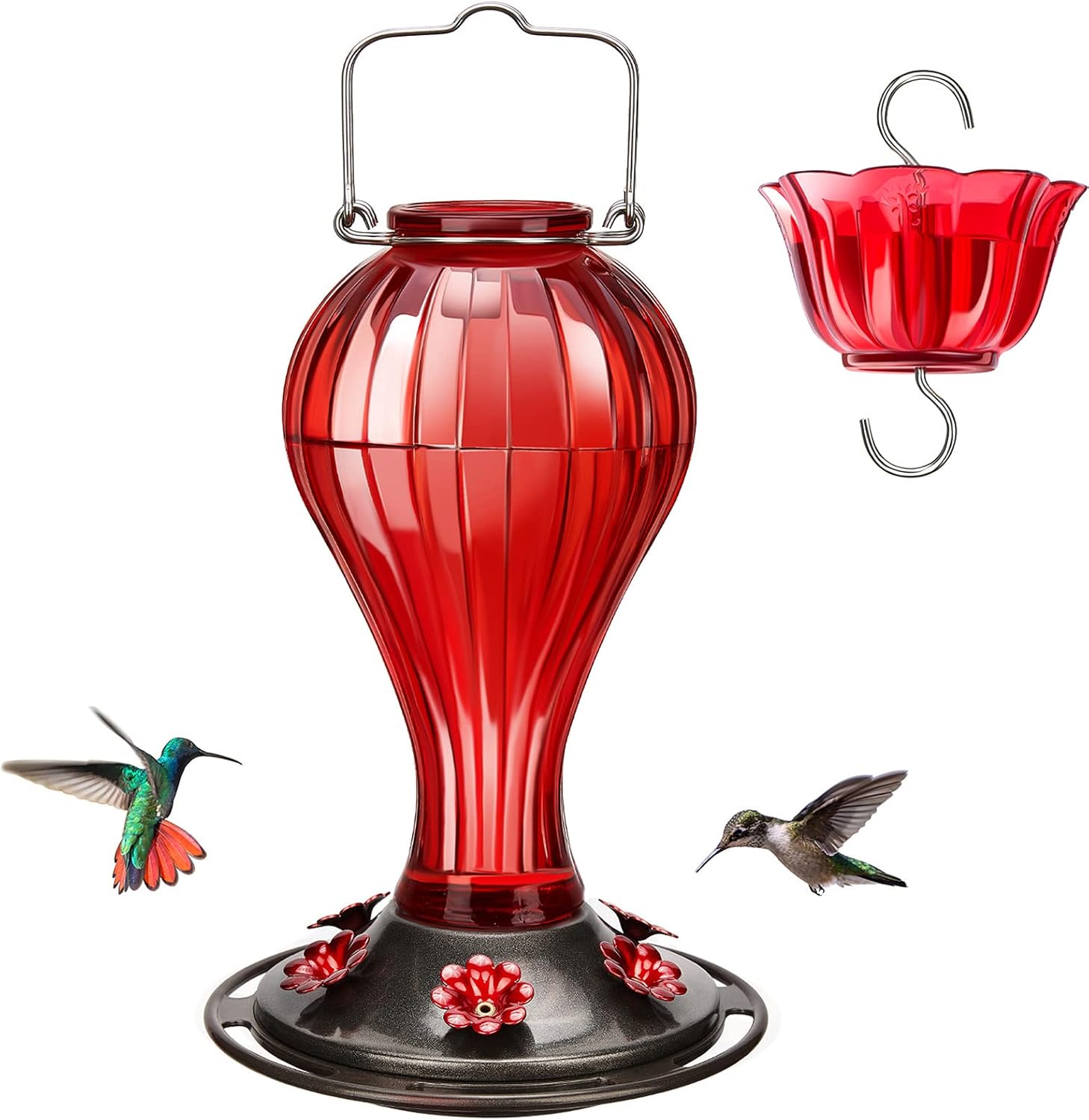 Backyard Birding & Wildlife - Kingsyard Glass Hummingbird Feeder 24 Ounces, 6 Feeding Ports, Hanging Bird Nectar Feeder for Outdoors Garden Yard Décor, Ant Moat Included, Red