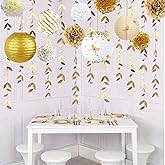 White and Gold Party Decoration Kit Lanterns Flowers Pom Pom with Gold 3D Butterfly Stickers and Leaf Garland Streamers for Birthday Engagement Wedding Bridal Shower Bachelorette Party Decor Supplies